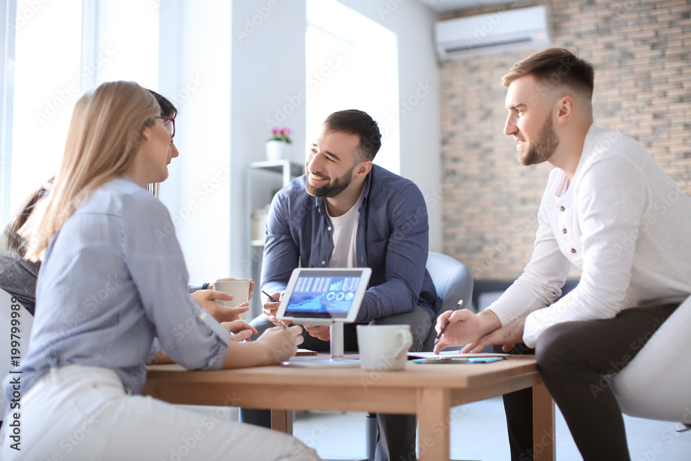 Office employees having meeting at workplace. Finance trading Office employees having meeting at workplace. Finance trading