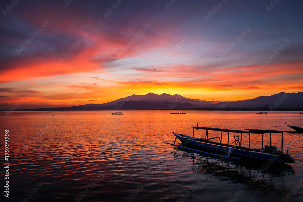 Sunrise over Mount Rinjani, seen from Gili Air, Lombok, Indonesia.