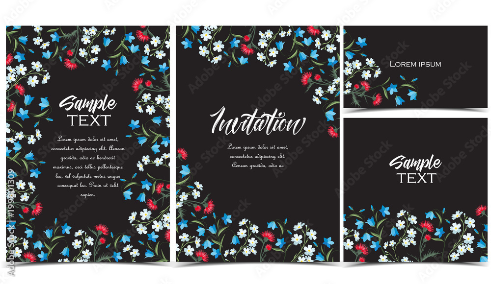 Vector illustration of colorful flowers. Summer floral decorations on a dark background. Set of greeting cards