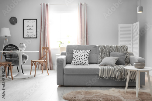Stylish living room interior with comfortable couch