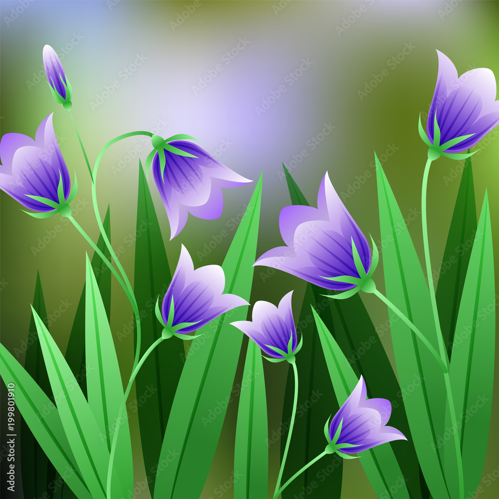 Beautiful Flower, Illustration of Campanula Rotundifolia Flower or Harebell with Green Leaves on Tree Branch.