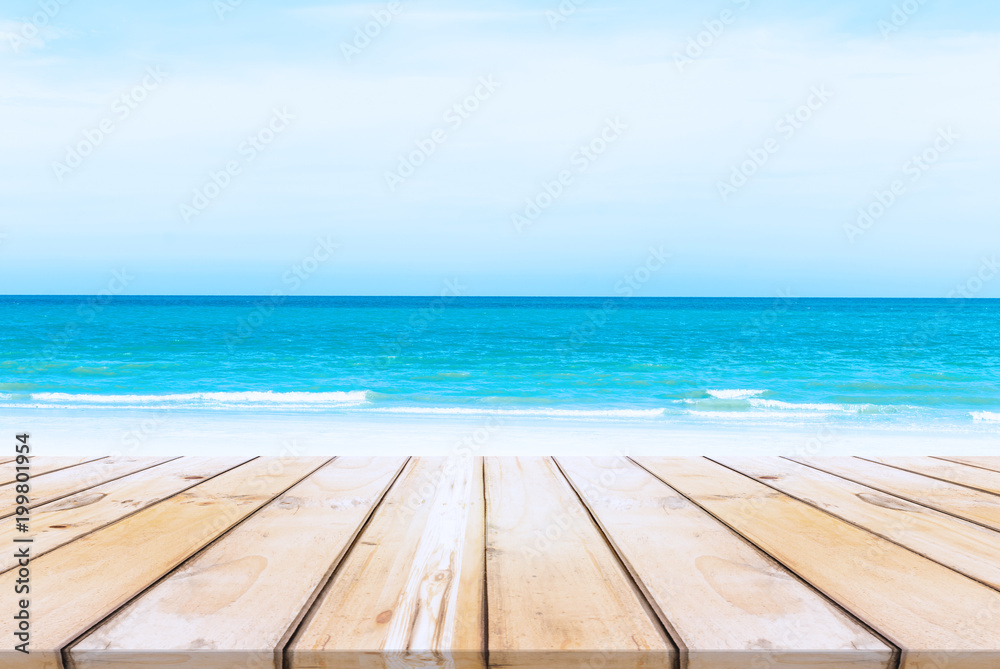 Wood table on sea background. Summer, nature concepts.  For Display or montage your products.