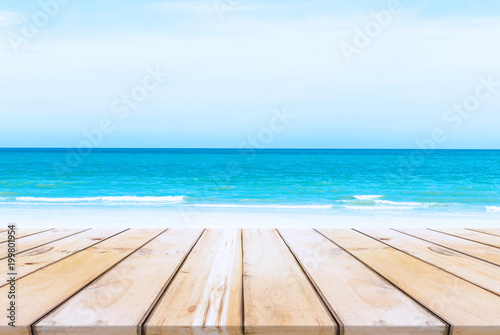 Wood table on sea background. Summer, nature concepts. For Display or montage your products.