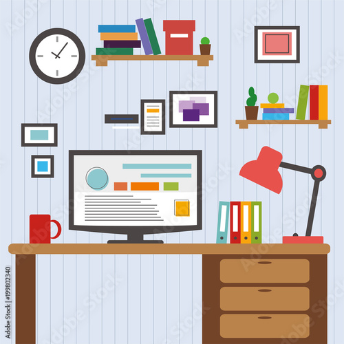 Flat of modern office interior designer desktop showing design application with interface icons elements in minimalist style and color.