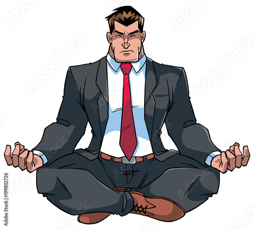 Full length front view of a business man meditating in lotus position during yoga practice for calmness and stress relief against white background for copy space.