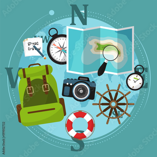 Set of travel accessories with backpack  compass  map and other items.