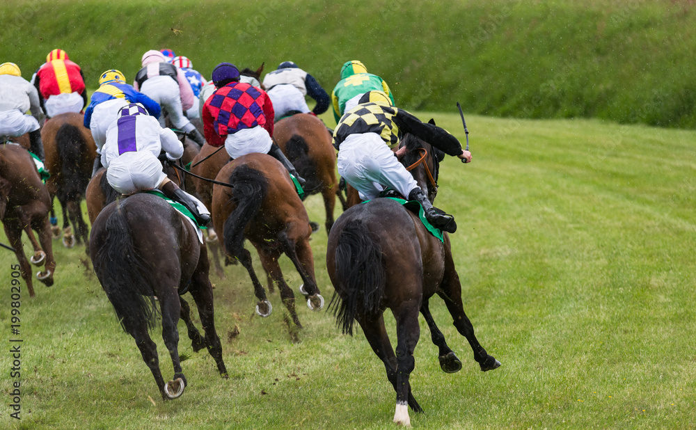 View from behind of race horses and jockeys galloping down the track in rain shower conditions. View from behind of race horses and jockeys galloping down the track in rain shower conditions.