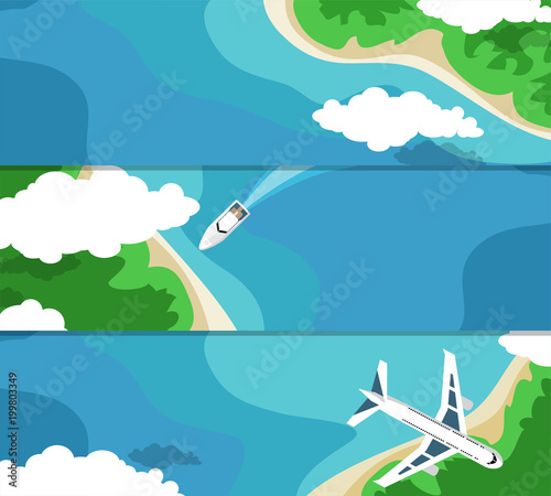 Three horizontal banner with the sea and the islands for your advertising. Flat style.