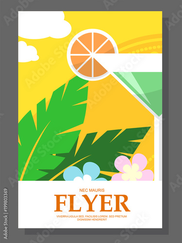 Flyer with a cocktail on the beach. Flowers sunny weather.