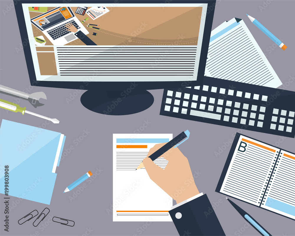 Fototapeta premium Desktop business man in the office with place for your text. Flat background.