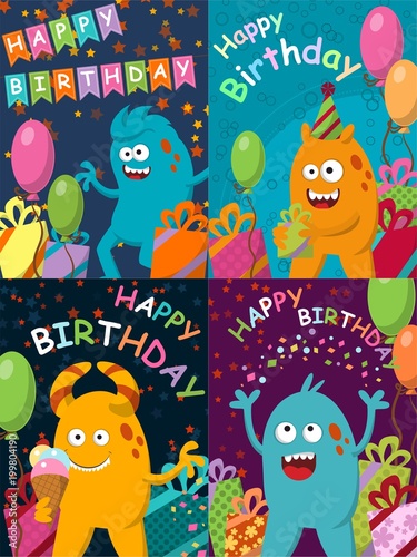 Funny monster with gifts and balloons. Happy Birthday.
