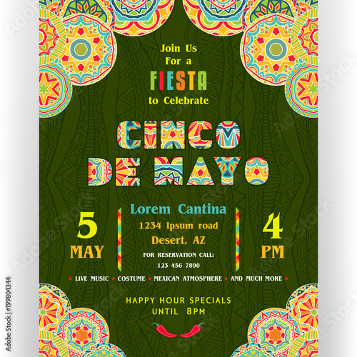 Cinco De Mayo announcing poster template. Ornate letters and Mexican style rich ornamented border.