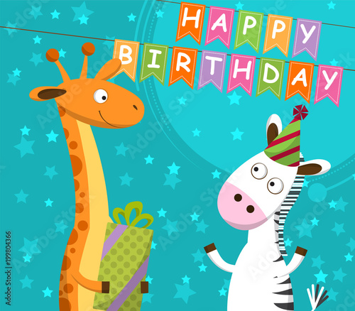 Postcard with giraffe and zebra  which celebrate the birthday.