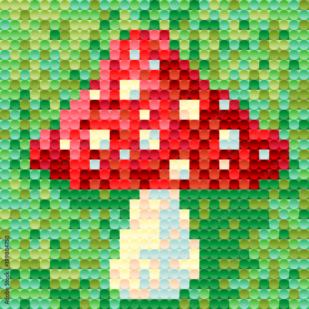 Fototapeta premium Amanita mushroom is painted in pixel style for individual design.