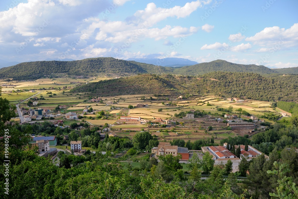 View from Cardona Castle. Sunlit large valley with colorful fields and small houses. The valley is surrounded by green mountains. Blue sky and white clouds. Summer. Catalonia, Spain.