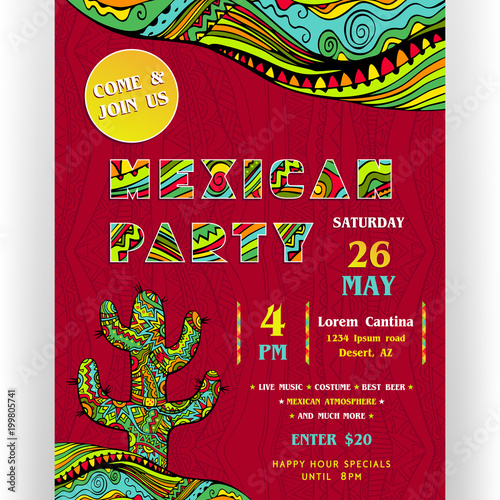 Mexican party announcing poster template. Text customized for invitation. Ornate letters and cactus.