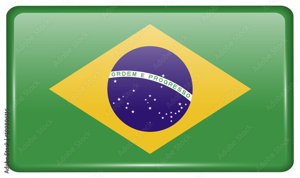 Fototapeta premium Flags Brazil in the form of a magnet on refrigerator with reflections light.