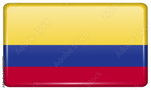 Flags Colombia in the form of a magnet on refrigerator with reflections light.