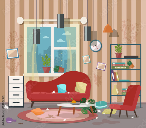 Dirty, cluttered, messy living room. Vector flat illustration.