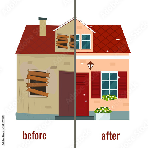 House before and after repair vector illustration. Flat design.