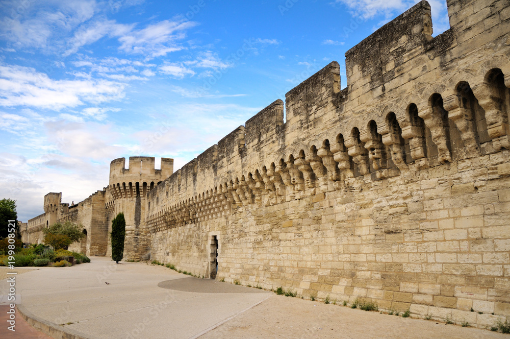View of the walls and towers around the city center of Avignon, under a sunny blue sky.  France.