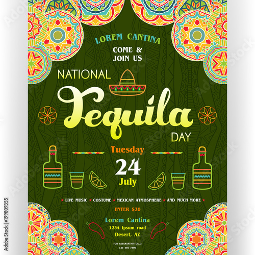 National tequila day announcing poster template. Text customized for invitation. Ornate sombrero, marigold, bottle, drink, lime, chili icons.
