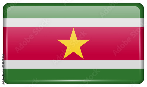 Flags Suridame in the form of a magnet on refrigerator with reflections light.