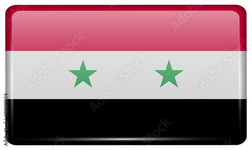 Flags Syria in the form of a magnet on refrigerator with reflections light.
