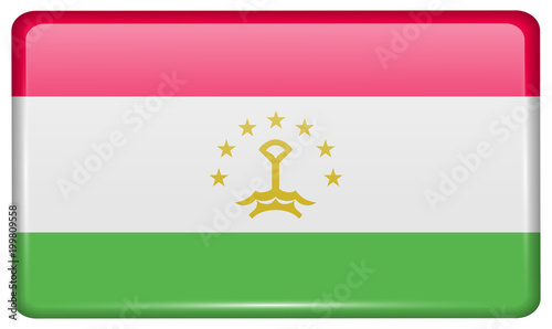 Flags Tajikistan in the form of a magnet on refrigerator with reflections light.