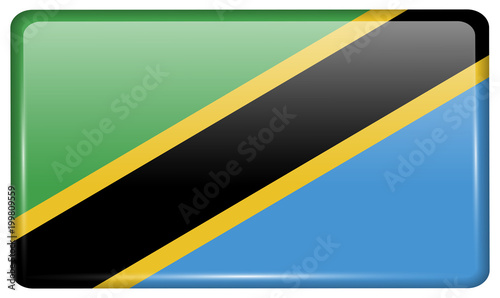 Flags Tanzania in the form of a magnet on refrigerator with reflections light.