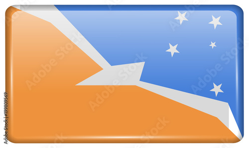 Flags Tierra del Fuego Province in the form of a magnet on refrigerator with reflections light.
