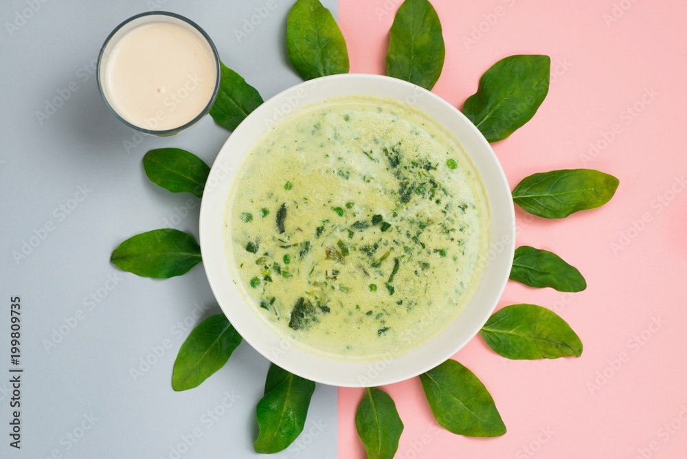 Soup from spring herbs with leaf circle. Soup from spring herbs with leaf circle.