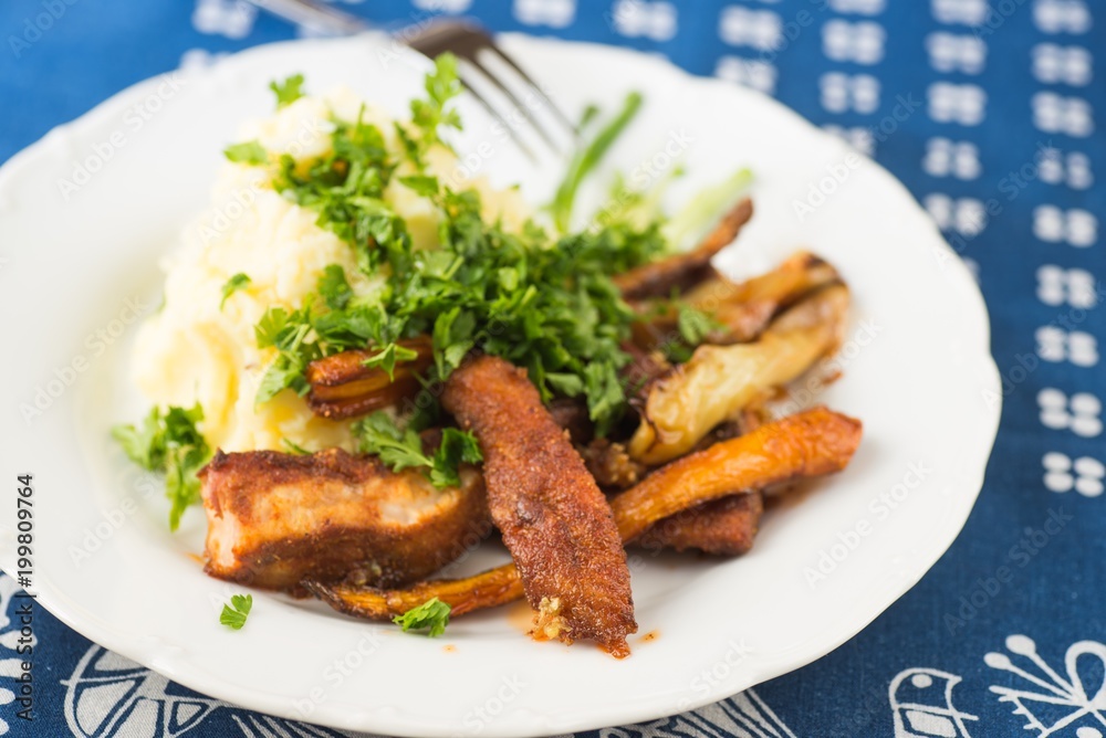 Spicy roasted fish and vegetable, mashed potato. Spicy roasted fish and vegetable, mashed potato.