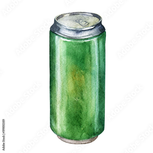 Isolated watercolor beer can on white background.
