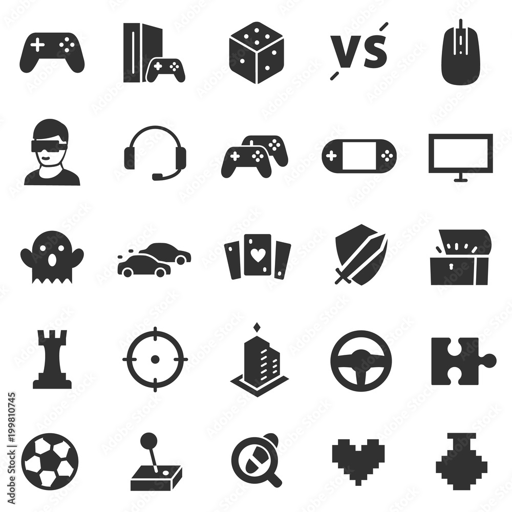 Video games, monochrome icon set. Game genres and attributes, isolated  vector, simple symbols collection Stock Vector | Adobe Stock