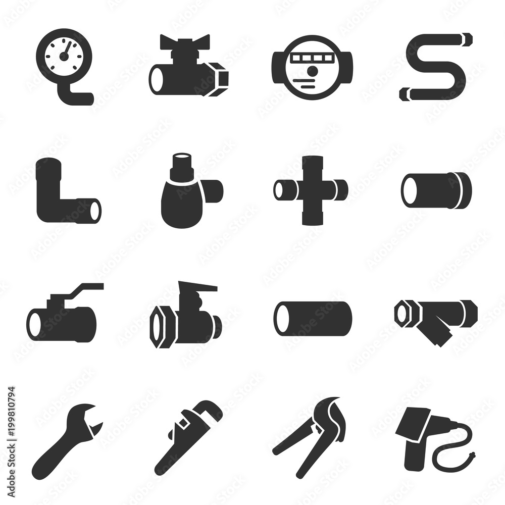 Sanitary engineering. Monochrome icons set. Water pipes, valves and
