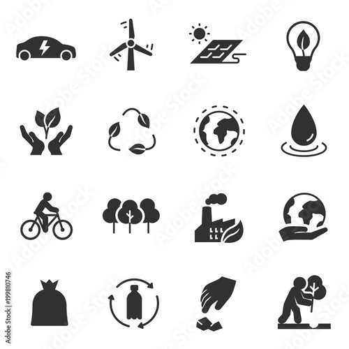ecology monochrome icon set. conservation and restoration of the environment, simple symbols collection