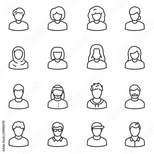 Male and female avatars icon set. Peoples linear design. Collection of different icons. Line with editable stroke