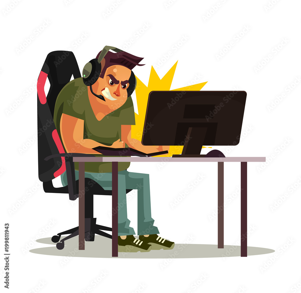 Angry mad gamer call center operator manager office worker character lose game and hit punch computer pc keyboard. Fail cyber internet virus ddos error concept