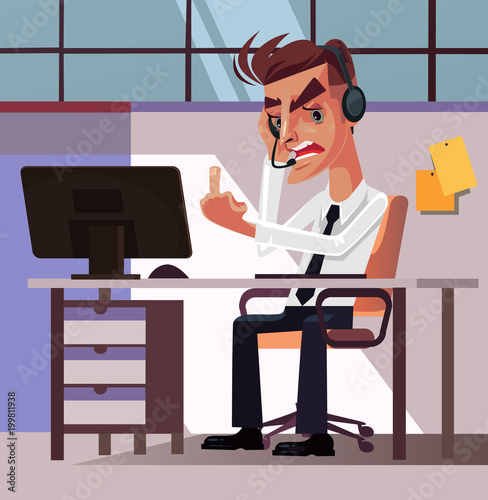 Angry mad frustration office worker businessman manager man character tired and anger showing obscene gesture middle finger. Hard work stress annoyance irritation workspace negative emotions concept