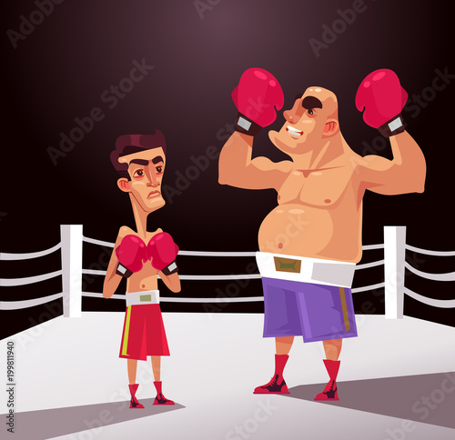 Big and small boxer fighter man character. Unfair battle concept. Vector flat cartoon graphic design illustration