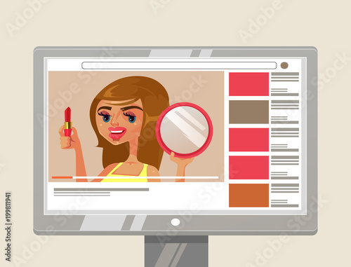 Woman girl person youtuber beauty blogger character showing and teaching how to do makeup with lipstick and mirror. Online blog internet channel content video tutorial concept
