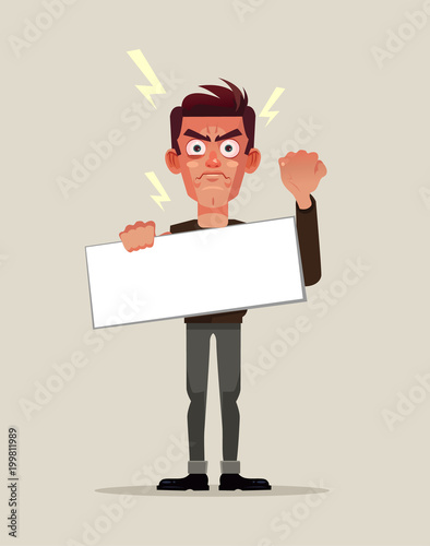 Angry man protestor employee worker person demonstrator holding banner poster placard and screaming shouting. Riot conflict demonstration public protest revolution and fight for rights concept