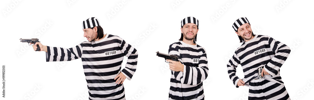 Prison inmate with gun isolated on white Prison inmate with gun isolated on white