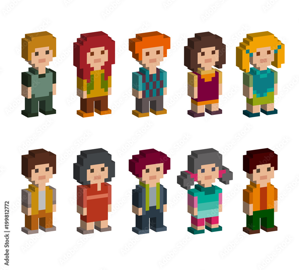 Colourful set of pixel art style 3d characters. Men and women are standing on white background. Vector illustration.