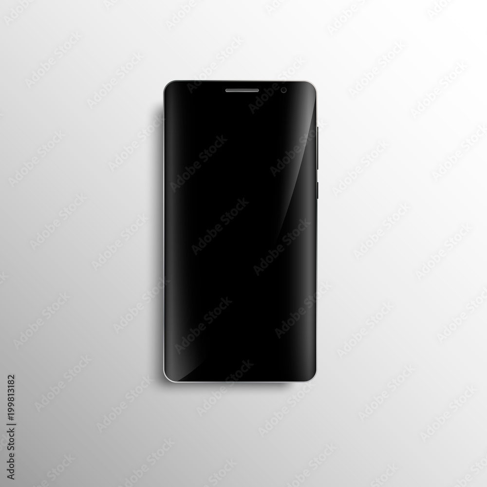 Black smartphone with curved screen. Realistic vector illustration isolated on gray background.