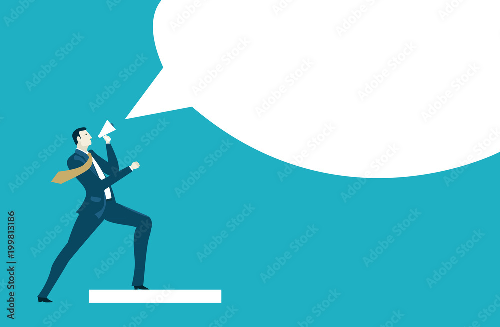 Businessmen talking, giving commands with loudspeakers Businessmen talking, giving commands with loudspeakers
