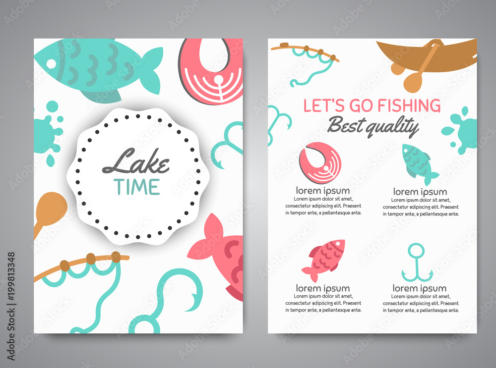 Fishing brochure. Fish menu Banners with quotes about fishing. Flat fish icons, with net or rod. Salmon steak and boat, fisher tackles, baits Vector illustration.