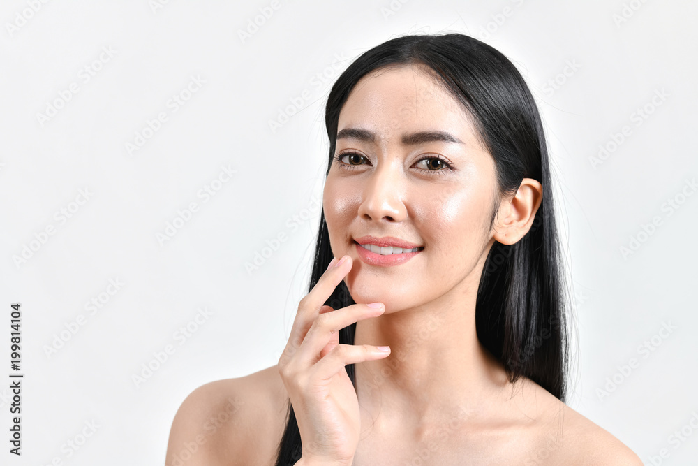 The concept of healthy beautiful woman. Beautiful women keep healthy. Beautiful women take care of skin health. Beautiful girl on white background