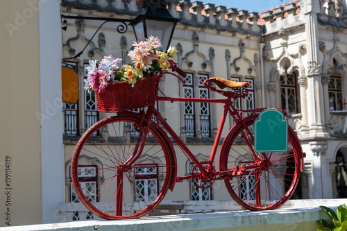Red Vintage Bicycle with Colorful Flowers in the Basket